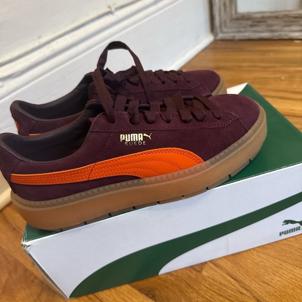 Puma Suede Sneakers in Maroon and Bright Orange